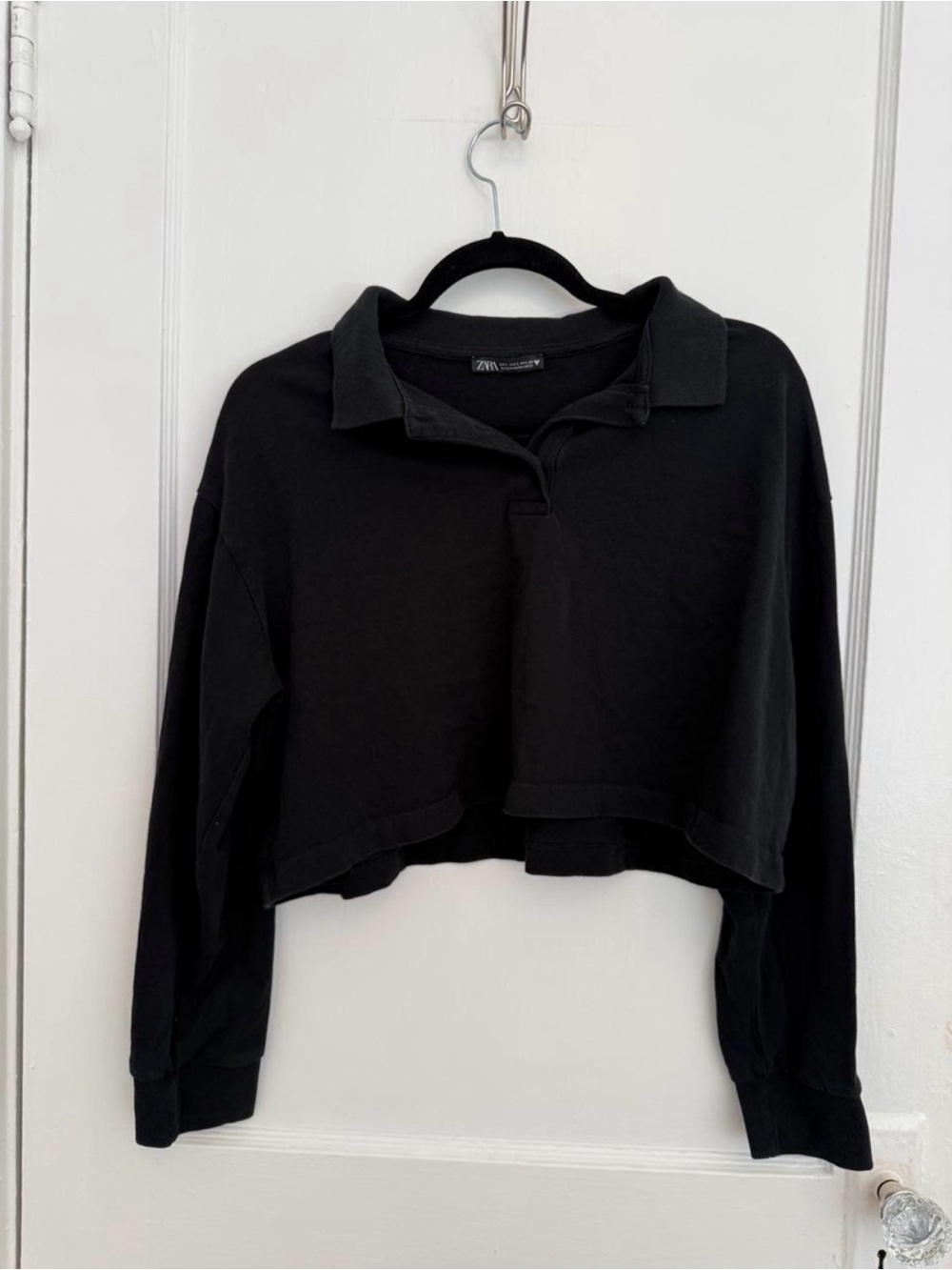 Zara Cropped Black Long-Sleeve Polo Top